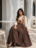 YEZWE Chocolate Brown Mul Chanderi Modest Skirt And Top Set For Women