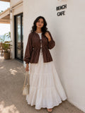 Chocolate Brown Cey Shrug with White Flared Maxi Gown | Yezwe Modest Wear
