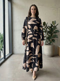 Yezwe Black and Nude Abstract Print Maxi Dress β Long Sleeve Belted Modest Wear