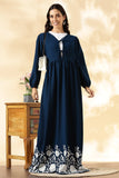 YEZWE Navy Blue Imported Cey Embroidered Modest Maxi Dress With Inner