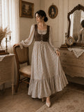YEZWE Women Beige Floral Linen Lux Dress With Corduroy Bodice