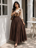 YEZWE Chocolate Brown Mul Chanderi Modest Skirt And Top Set For Women