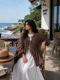 Chocolate Brown Cey Shrug with White Flared Maxi Gown | Yezwe Modest Wear