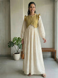 YEZWE Chikan Embroidery Floor-Length Modest Maxi Dress With Mustard Cey Overtop