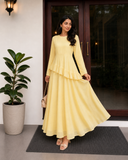 Yezwe Butter Yellow Faux Georgette Asymmetric Ruffle Maxi Dress | Lace-Up Back & Flowing Silhouette for Women (Copy)