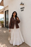 Chocolate Brown Cey Shrug with White Flared Maxi Gown | Yezwe Modest Wear