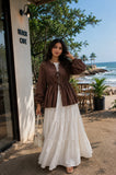 Chocolate Brown Cey Shrug with White Flared Maxi Gown | Yezwe Modest Wear