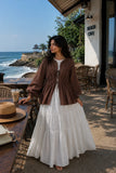 Chocolate Brown Cey Shrug with White Flared Maxi Gown | Yezwe Modest Wear