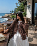 Chocolate Brown Cey Shrug with White Flared Maxi Gown | Yezwe Modest Wear