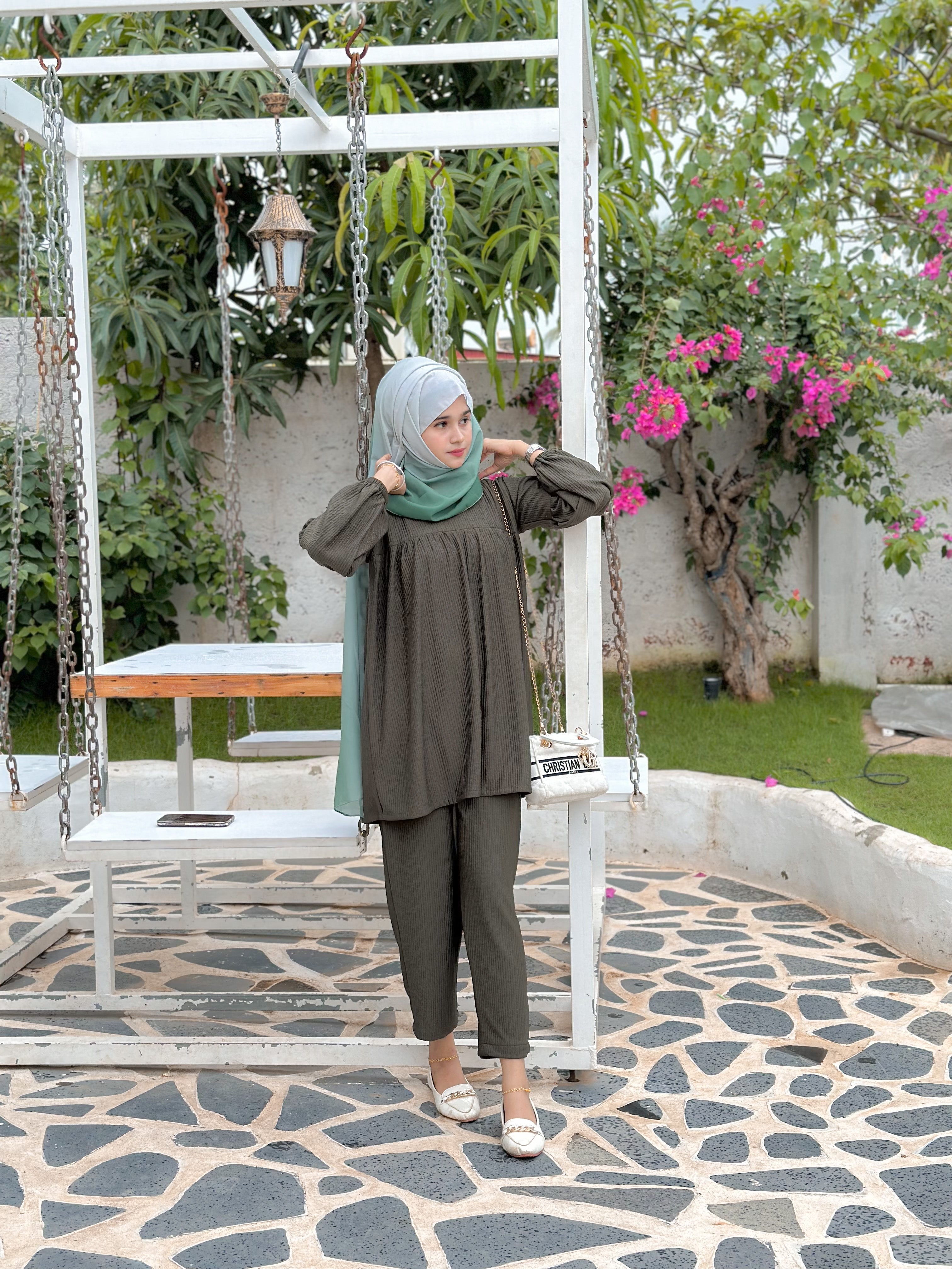 Yezwe Co-ord Set Olive Green Top and Pant - Full Sleeve Modest &Westren Wear