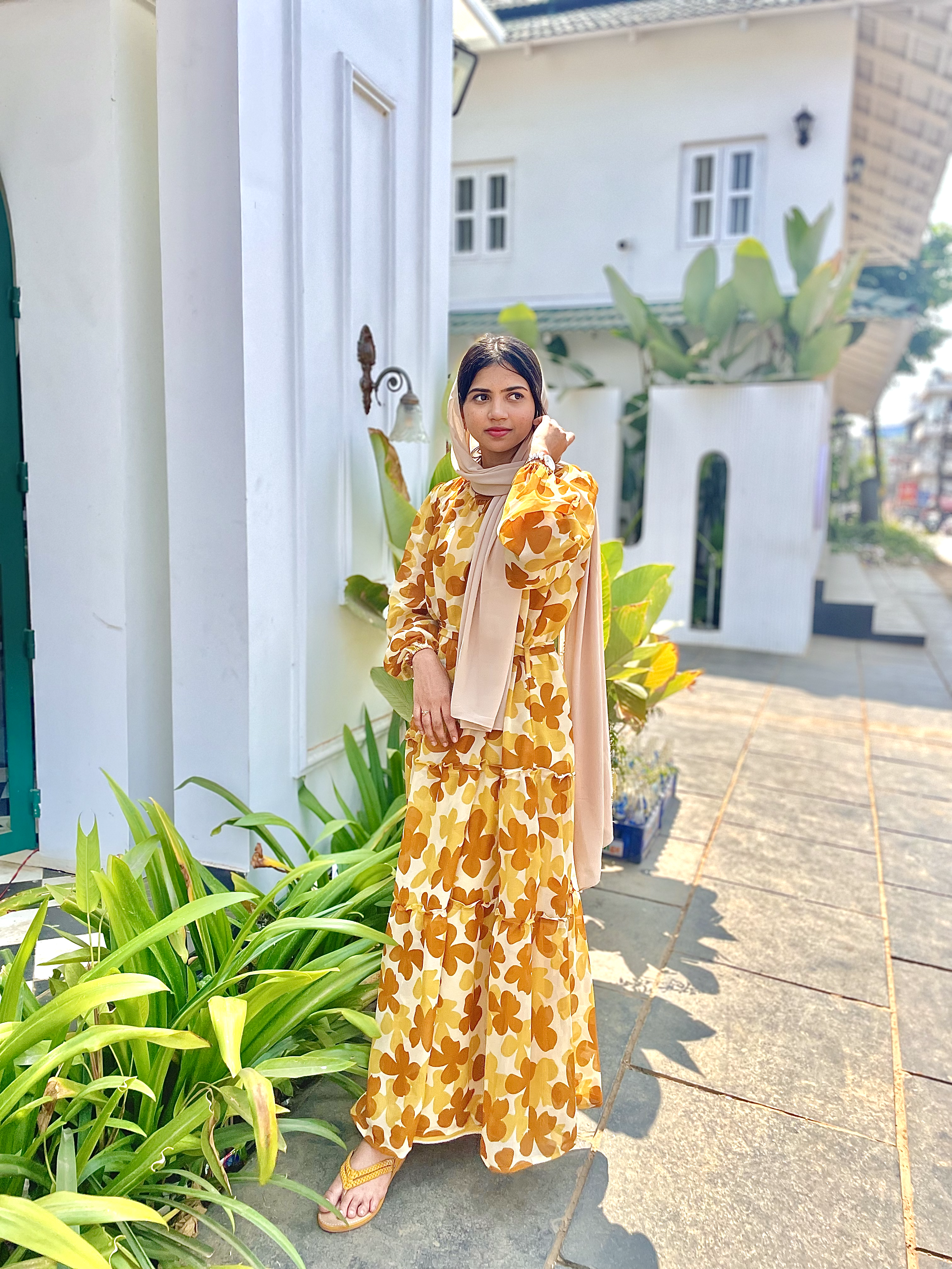 Yellow Floral Maxi Dress with Cloth Belt