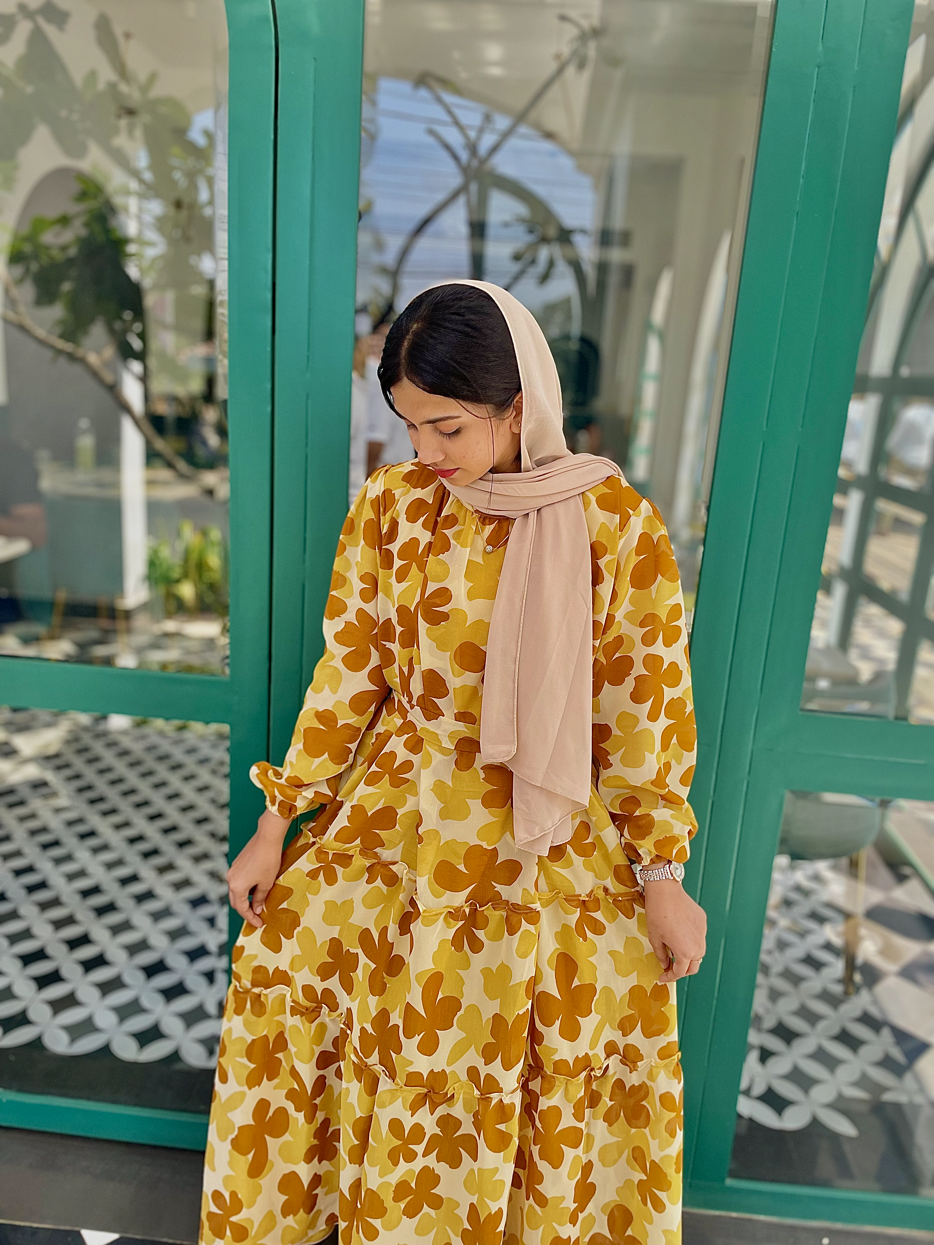 Yellow Floral Maxi Dress with Cloth Belt