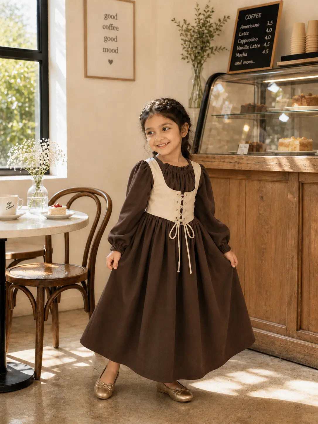 Junior girl wearing a brown cottagecore maxi dress with cream corset-style bodice and puff sleeves in a warm café interior.