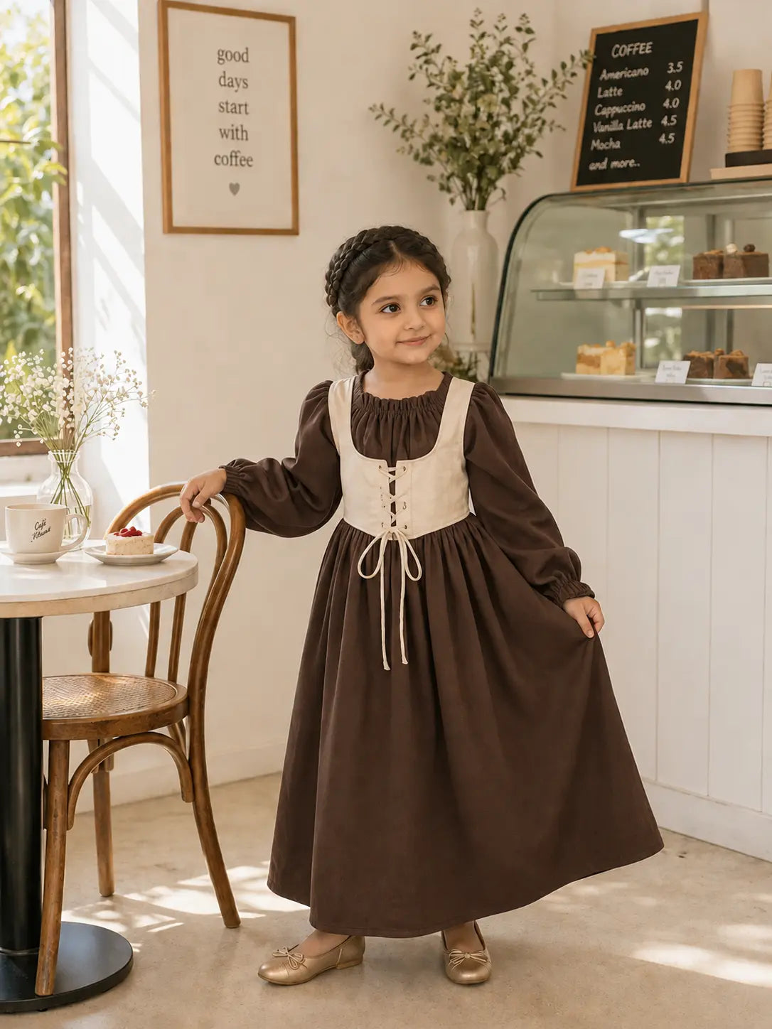 Junior girl wearing a brown full-length maxi dress with cream corset-style bodice and puff sleeves in a cozy café setting.