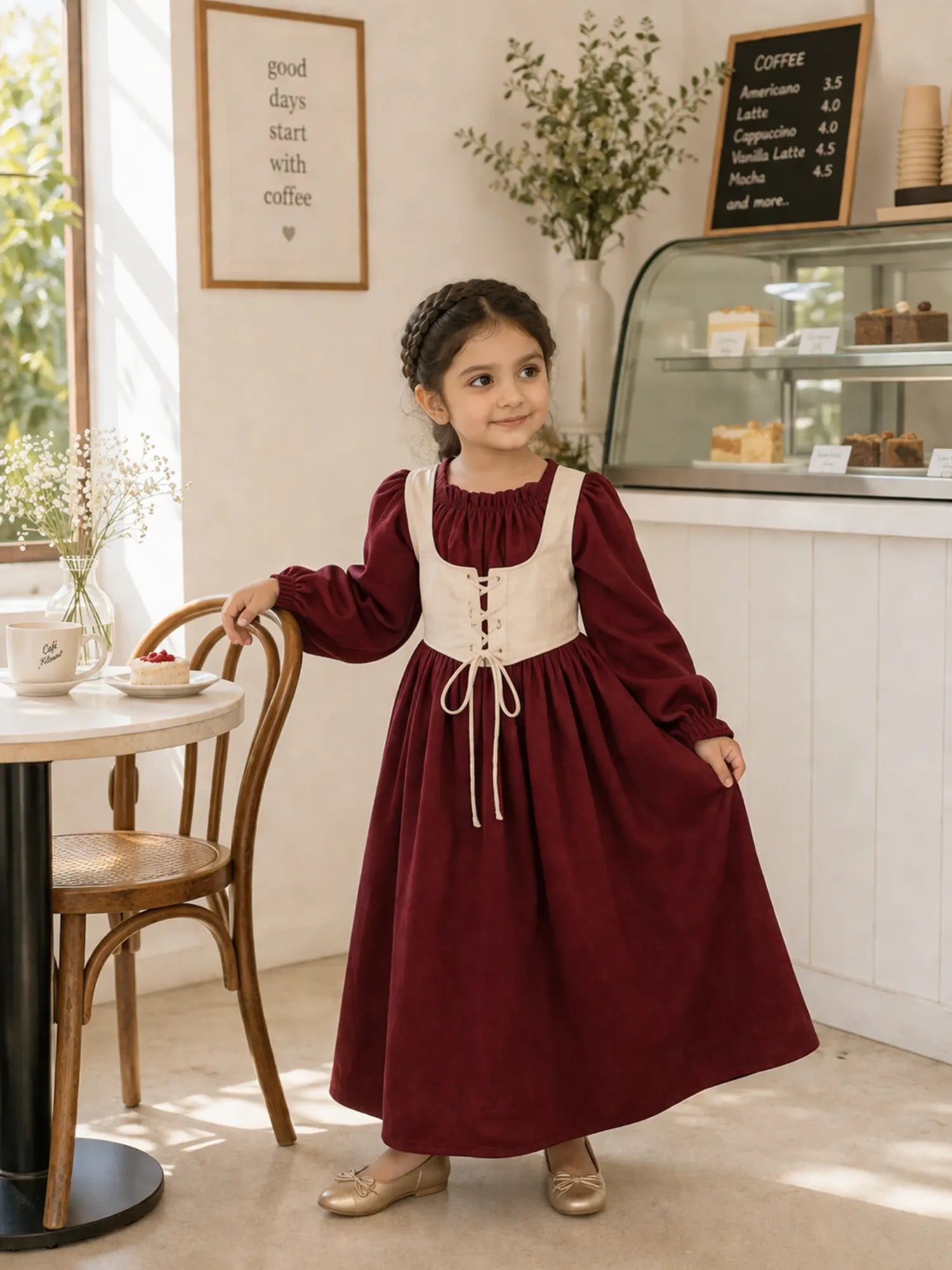 Junior girl wearing maroon long sleeve maxi dress with cream corset tie waist detail indoors