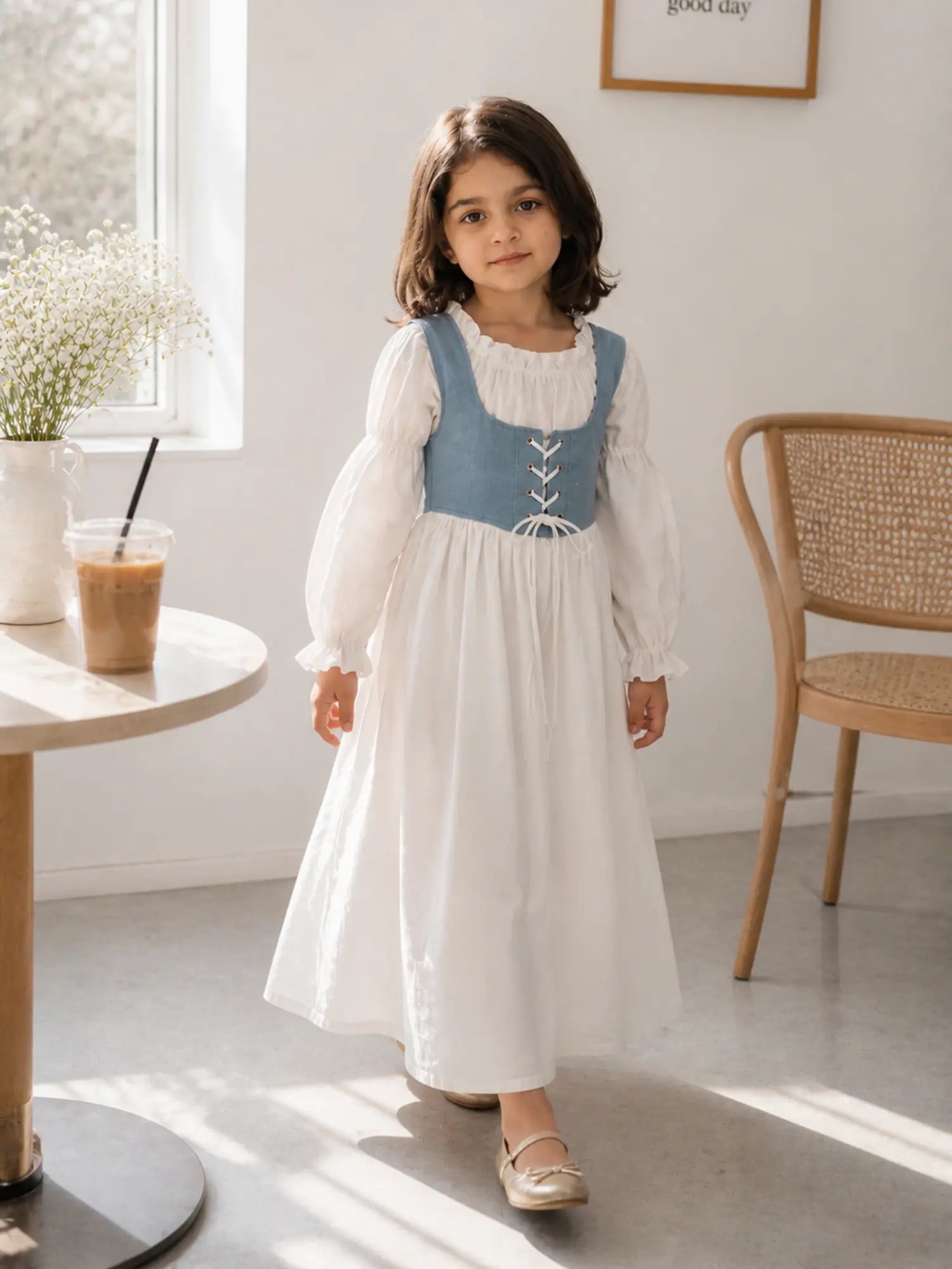Junior girl wearing white puff sleeve maxi dress with blue corset bodice walking indoors