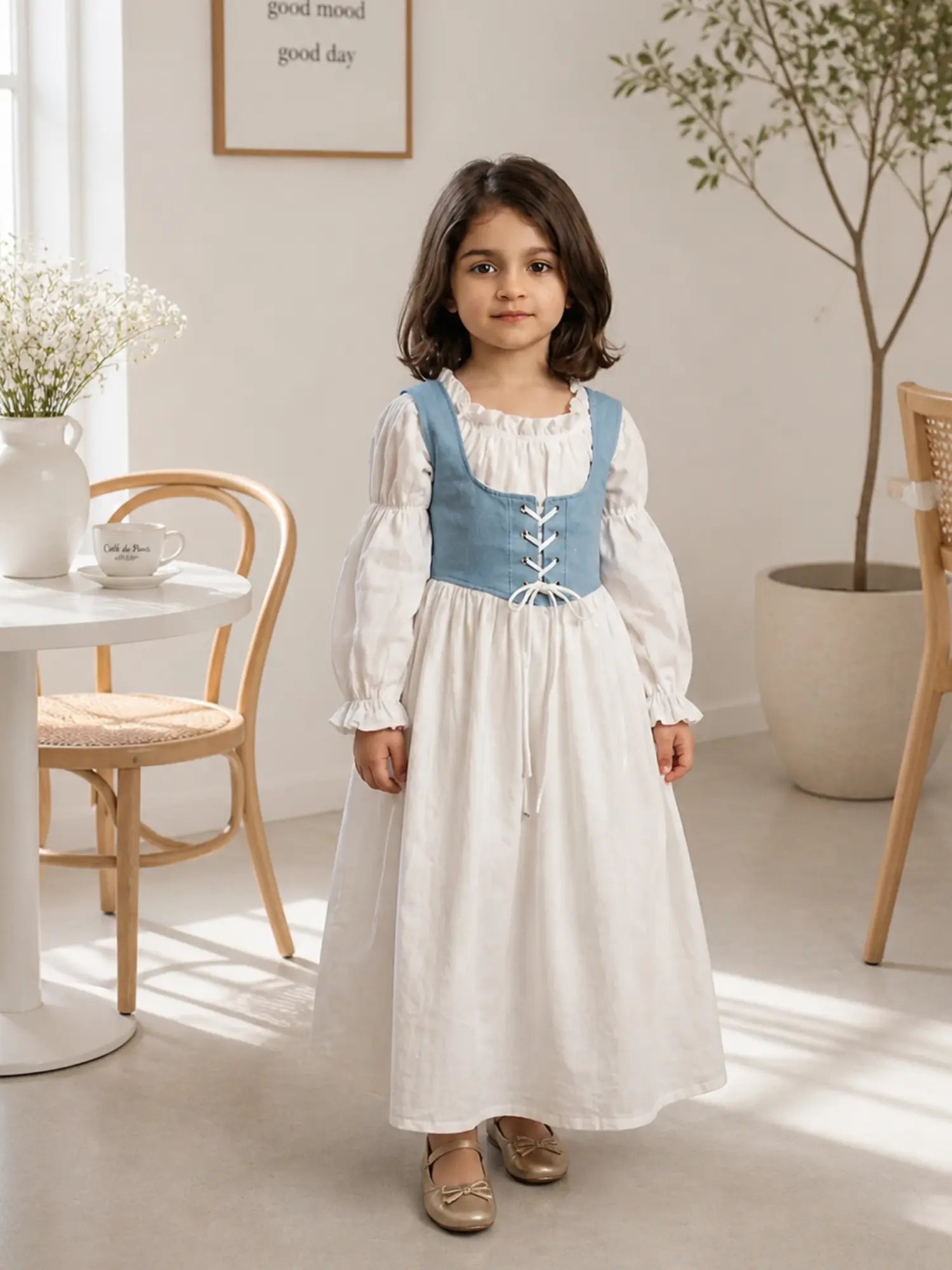 Junior girl wearing white long sleeve maxi dress with blue lace-up corset bodice indoors