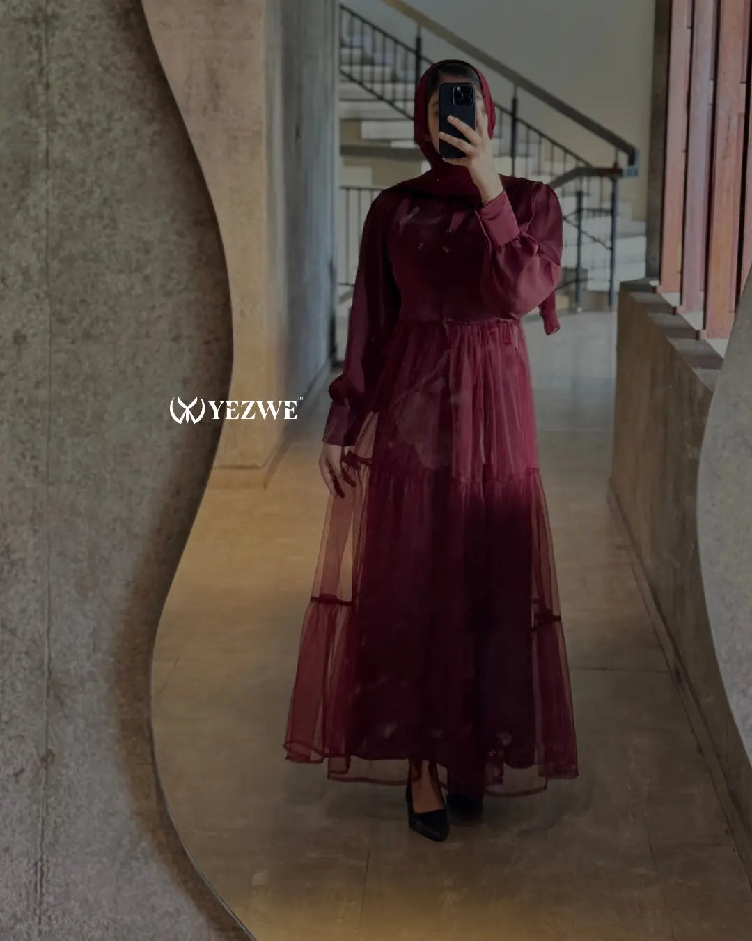 Yezwe Maroon Satin Top with Attached Net Overlay Satin Skirt | Modest Co-ord Set