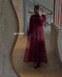 Yezwe Maroon Satin Top with Attached Net Overlay Satin Skirt | Modest Co-ord Set