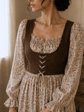 YEZWE Women Beige Floral Linen Lux Dress With Corduroy Bodice