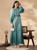 Affordable modest green maxi dresses online with a stylish belt and puff sleeves from YEZWE