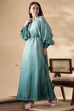 YEZWE affordable modest green maxi dresses online with elegant puff sleeves and a stylish belt