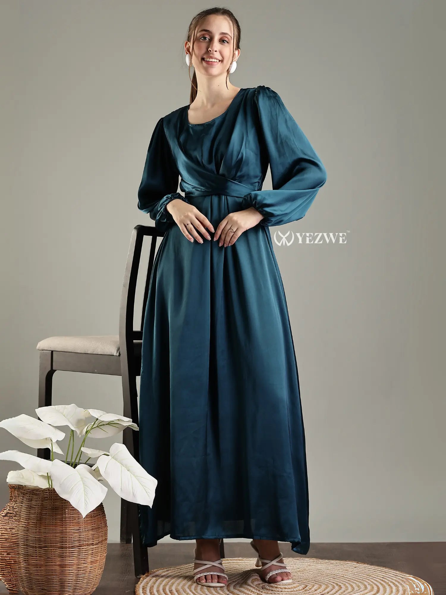 Yezwe Blue Satin Long Flare Gown for Women Party Wear Maxi Dress