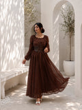 Brown corset maxi dress with puff sleeves for an elegant and stylish look