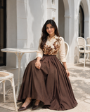 Brown modest skirt and top vintage outfit with floral embroidery, perfect for casual outings