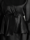 Elegant black Yezwe Co-Ord Set featuring a stylish peplum design with a rose detail