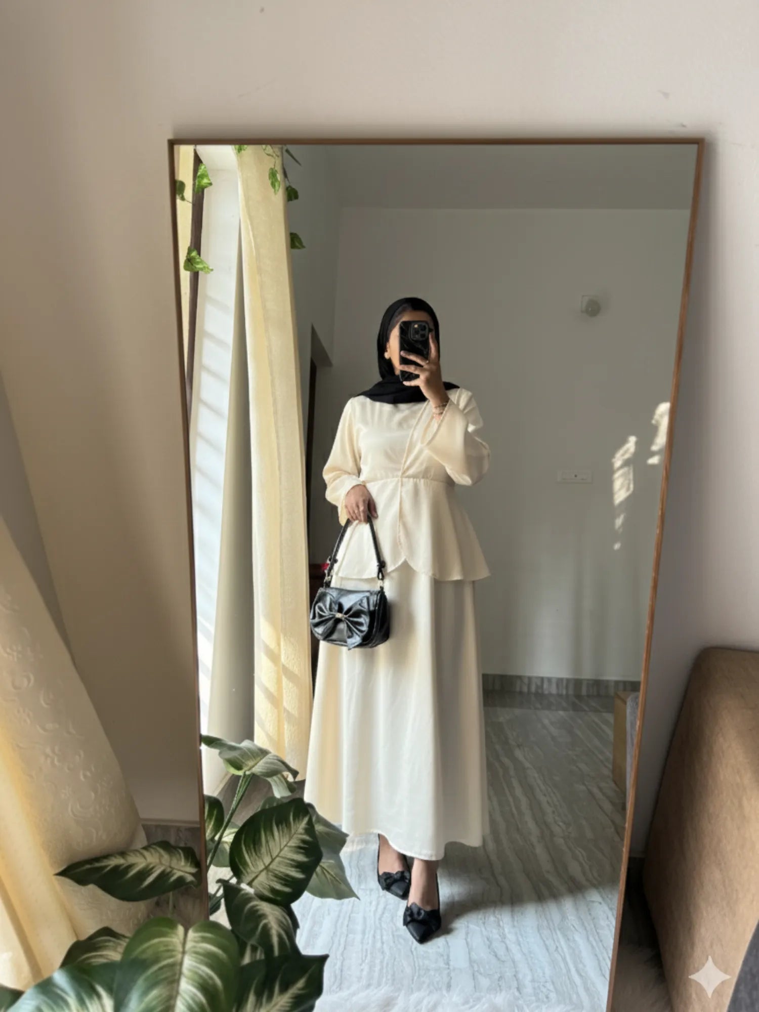 Yezwe elegant Co-Ord Set featuring a stylish peplum top and matching skirt in cream color