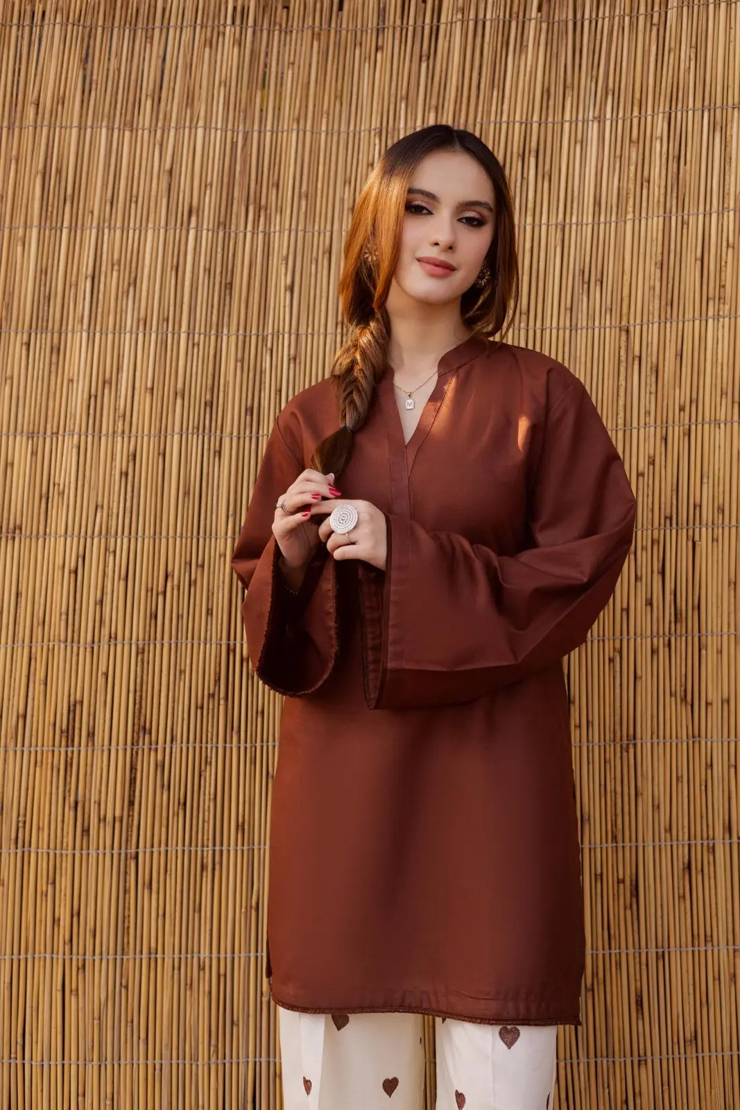 YEZWE Brown Co-Ord Set featuring a Long-Sleeve Tunic and Comfortable Pants for Stylish Outfits
