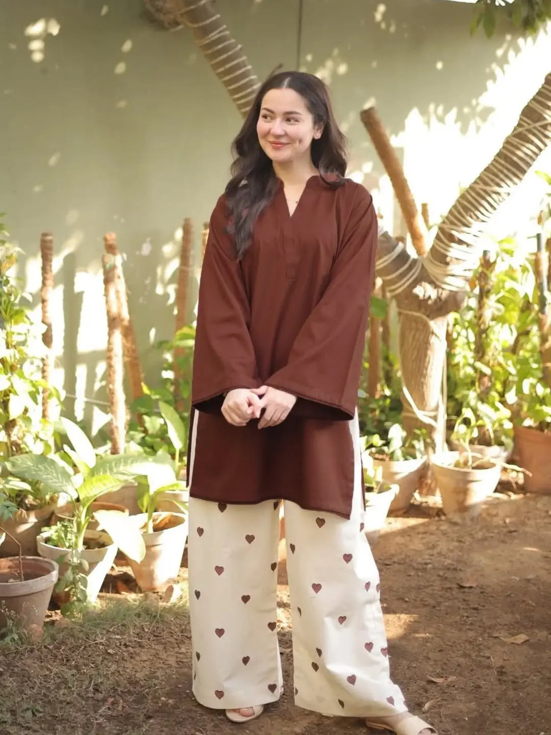 YEZWE Brown Co-Ord Set with Heart Print Pants and Comfortable Top for Casual Wear