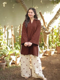 YEZWE Brown Co-Ord Set with Heart Print Pants and Comfortable Top for Casual Wear