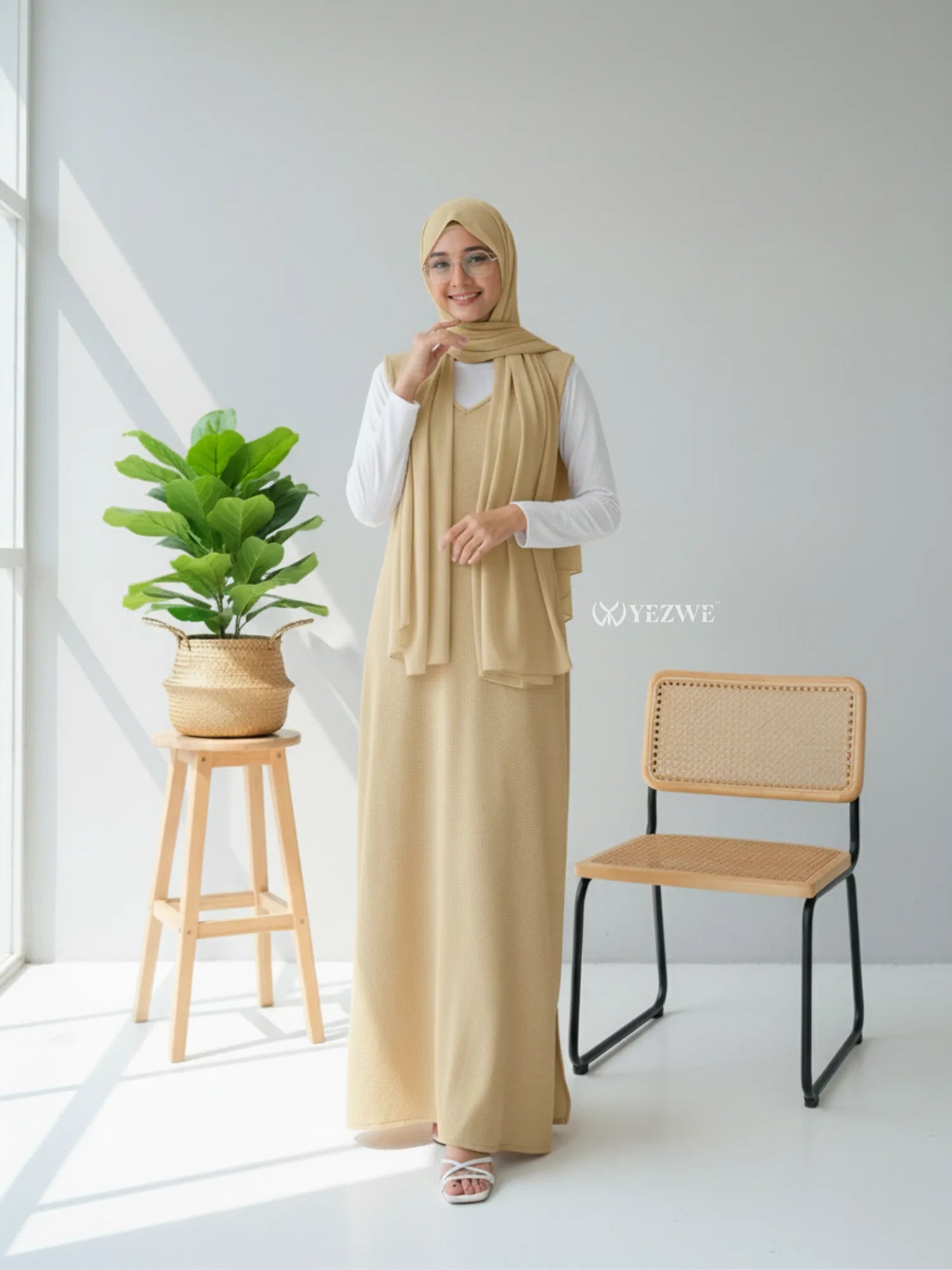 Yezwe full length modest wear pinafore in beige, perfect for elegant occasions and casual outings