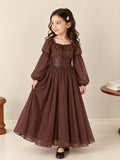 Junior girls chocolate brown corset maxi dress, front view
