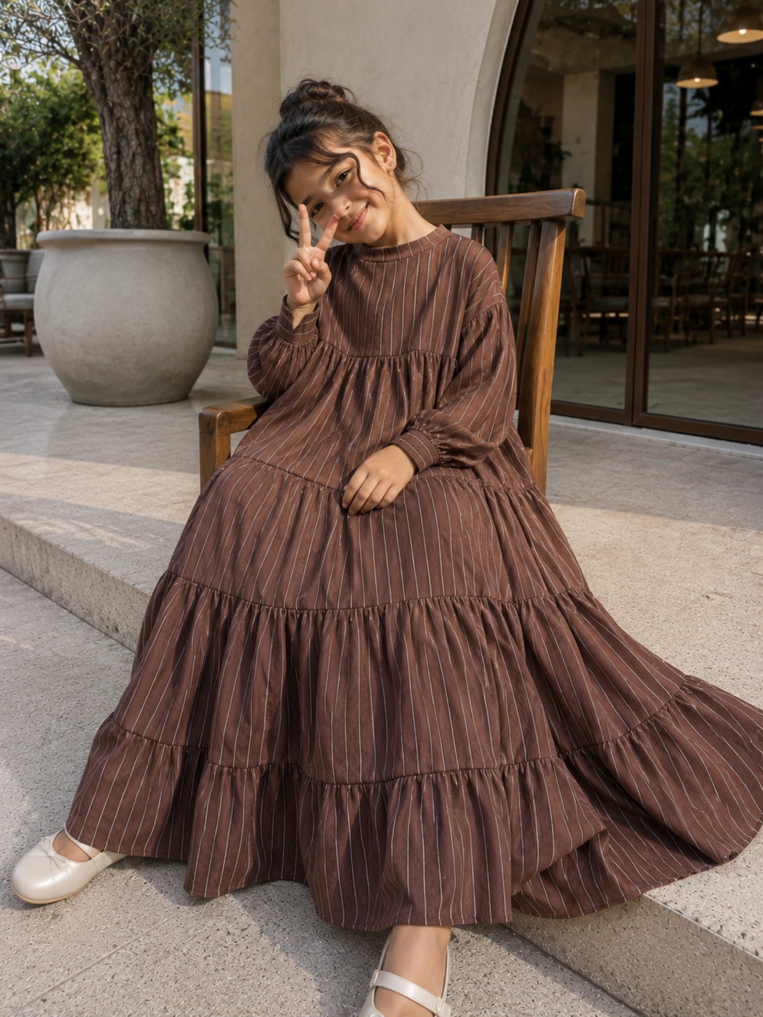 YEZWE junior girls modest maxi dress in brown with tiered design and long sleeves
