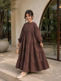 Junior girls modest maxi dress by YEZWE in brown with long sleeves and tiered design