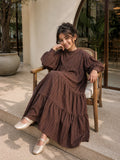 YEZWE junior girls modest maxi dress in brown with striped design and tiered style for comfortable wear