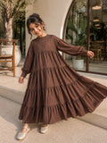YEZWE junior girls modest maxi dress in brown with tiered design, perfect for casual outings
