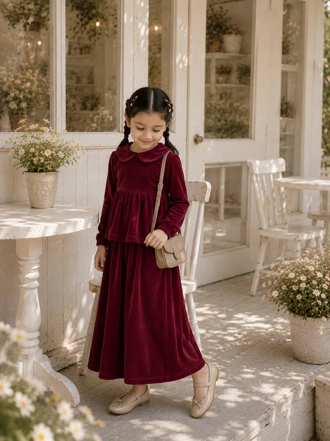 Junior Girls Wine Maroon Velvet Co-ord Set Skirt Top Kids Wear India in a cozy outdoor setting