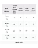 Kids dress size chart showing age-wise measurements including chest size, sleeve length, skirt length, and top length for ages 6 to 14 years.