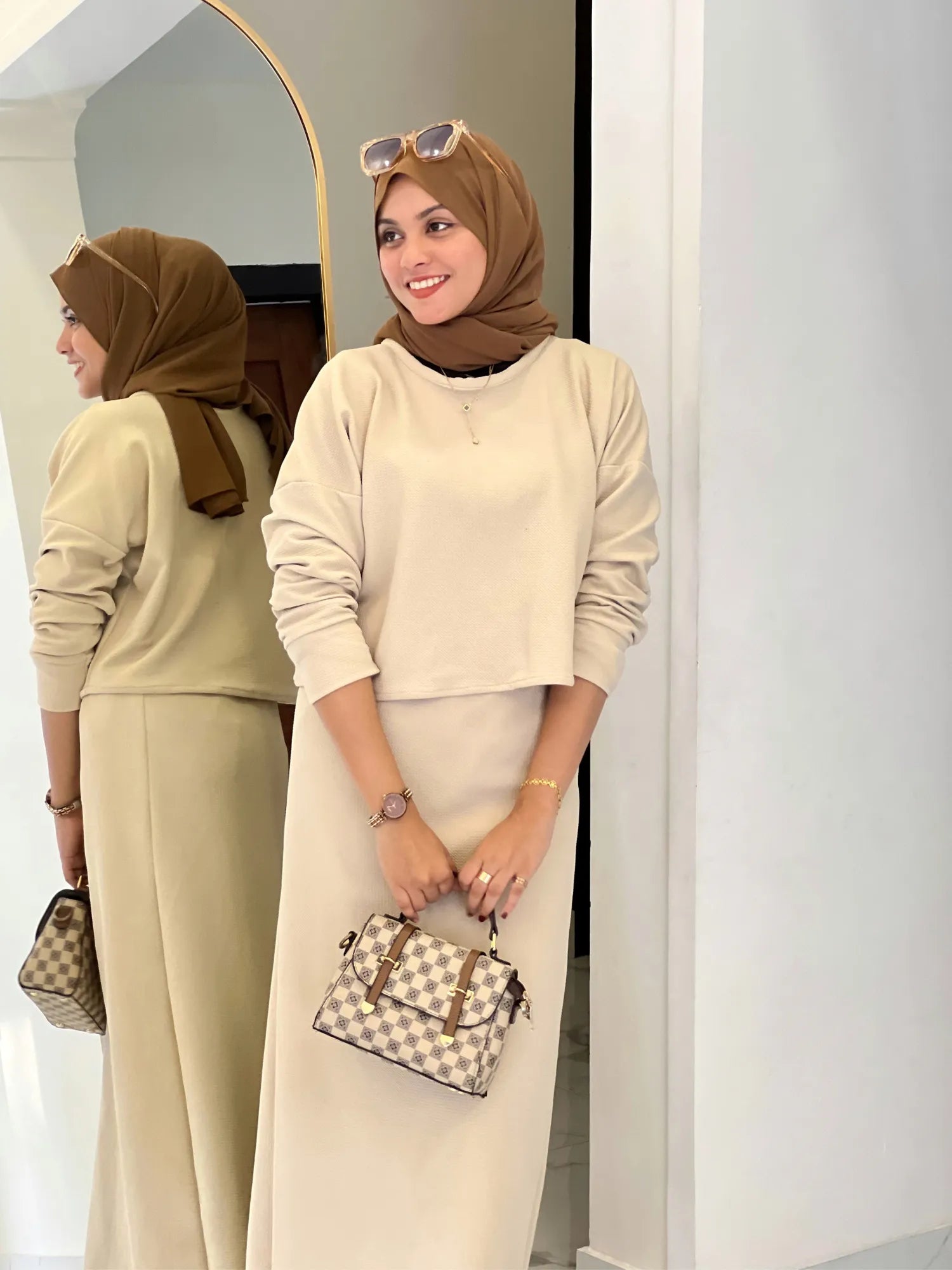 Yezwe Turkish Short Top and Skirt Set with Knitted Kar- Modest wear XXS 30 Dark Beige