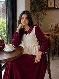 Maroon Premium Hakoba Maxi Dress | Modest Wear for Women with Comfortable Fit shown in a cozy cafe setting
