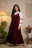 Maroon Velvet Sleeveless Gown with Knitted Inner | Modest Maxi Dress for Women styled with a white blouse