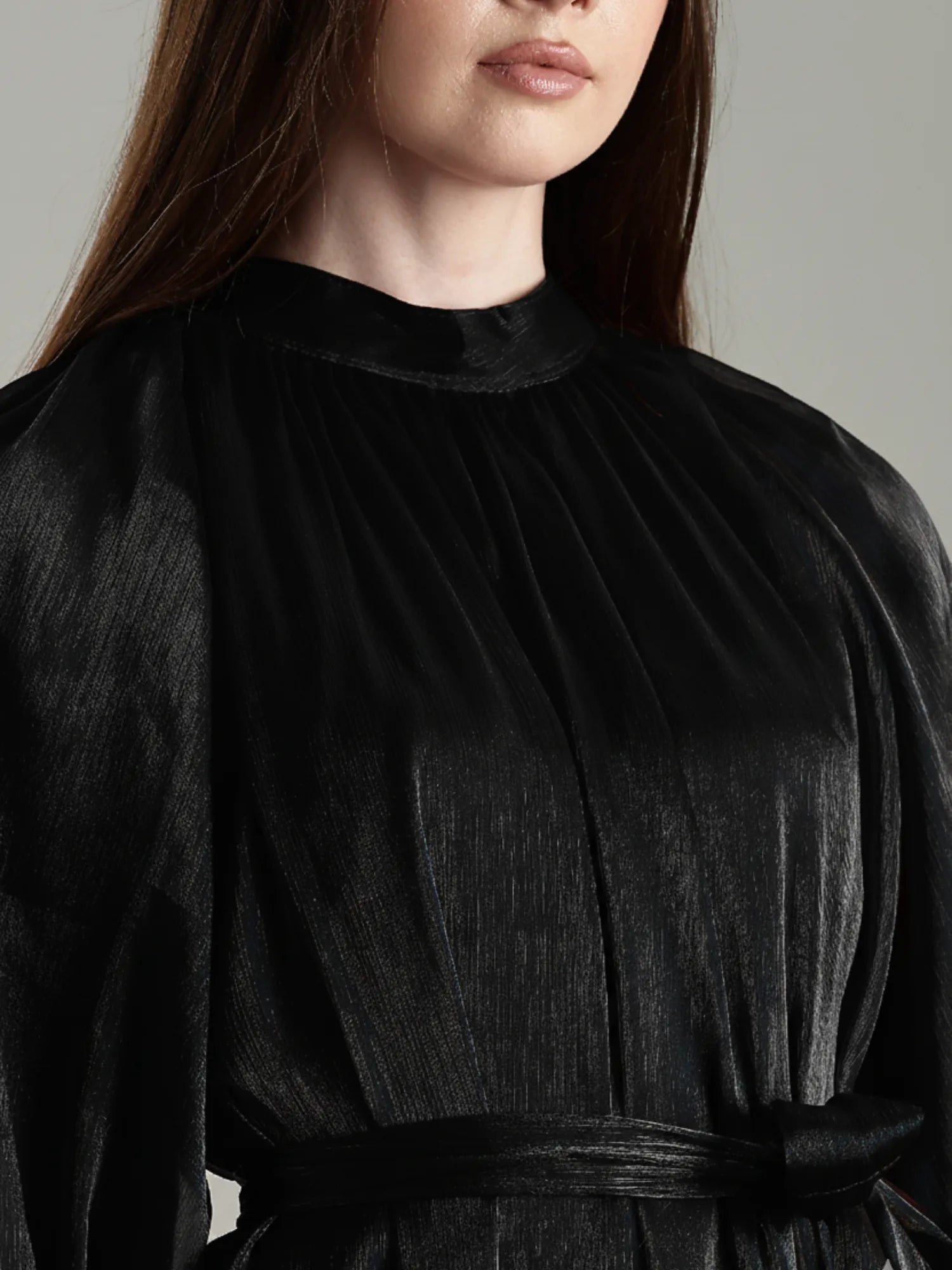 Elegant black Yezwe Maxi Dress with pleated details and a cinched waist for a sophisticated look