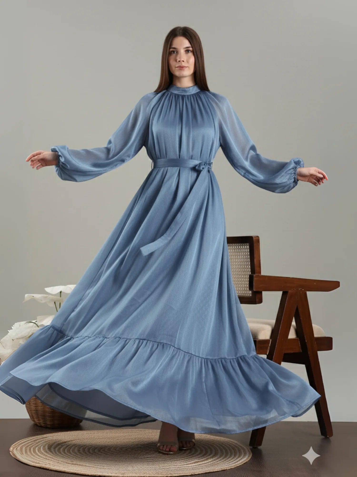 Yezwe Maxi Dress in Soft Blue with Flowing Skirt and Long Sleeves for Elegant Summer Wear