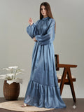 Yezwe Maxi Dress in Soft Blue with Long Sleeves and Ruffled Hem for Elegant Style