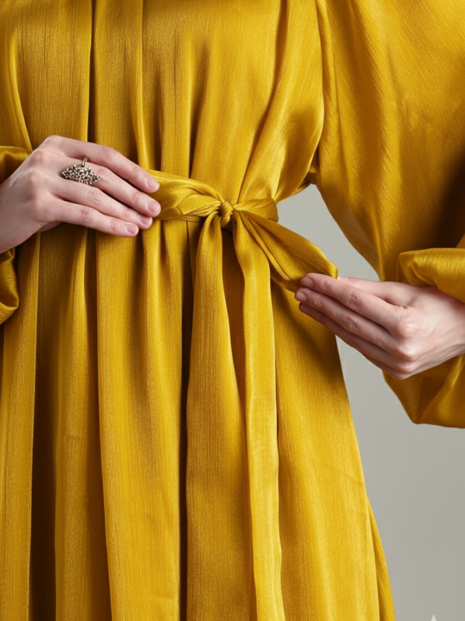 Yezwe Maxi Dress in mustard yellow with a stylish tied waist detail for a flattering fit