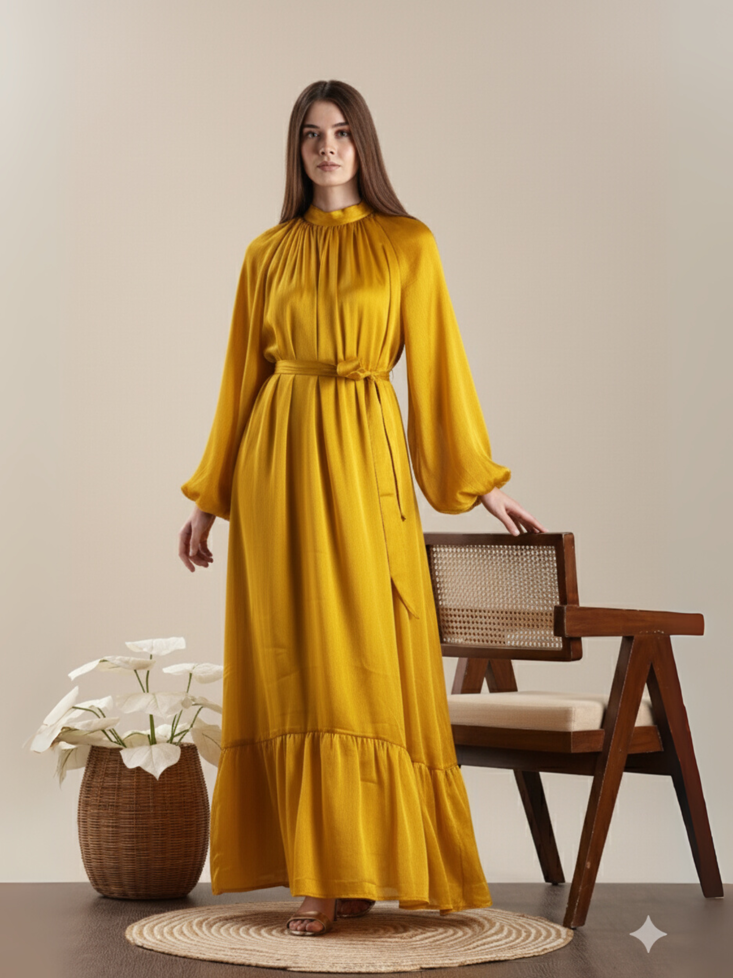 Yezwe Maxi Dress in Mustard Yellow with Long Sleeves and Flared Hem for Stylish Comfort